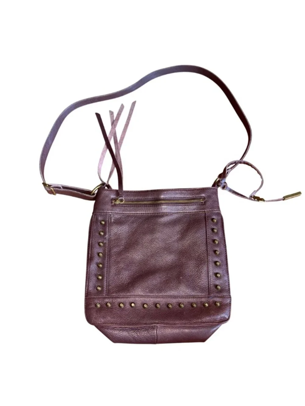 Lucky Brand Burgundy Brown 100% Leather Crossbody Bag Studded Boho Tassel Purse
